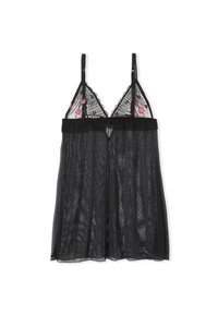 Lingerie nera trasparente con design svasato, caratterizzata da ricami floreali sui coppe triangolari, spalline regolabili e vita arricciata.