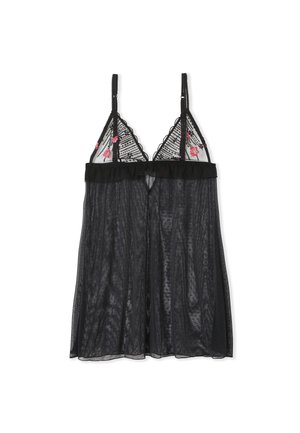 Lingerie nera trasparente con design svasato, caratterizzata da ricami floreali sui coppe triangolari, spalline regolabili e vita arricciata.