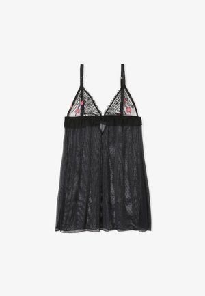 Lingerie noire transparente au design évasé, ornée de broderies florales sur les bonnets triangulaires, avec des bretelles réglables et une taille froncée.