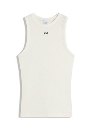 White ribbed sleeveless tank top with round neckline and small black embroidered logo centered below neckline.