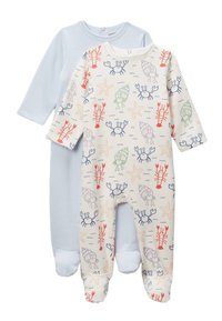 Deux grenouillères pour bébé : l'une bleue clair, l'autre crème avec des motifs colorés de homards et d'étoiles de mer. Les deux ont des manches longues et des jambes pieds.