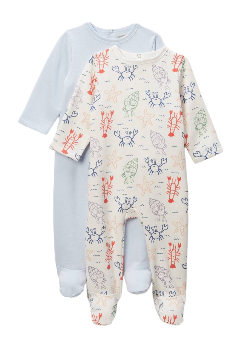 Deux grenouillères pour bébé : l'une bleue clair, l'autre crème avec des motifs colorés de homards et d'étoiles de mer. Les deux ont des manches longues et des jambes pieds.