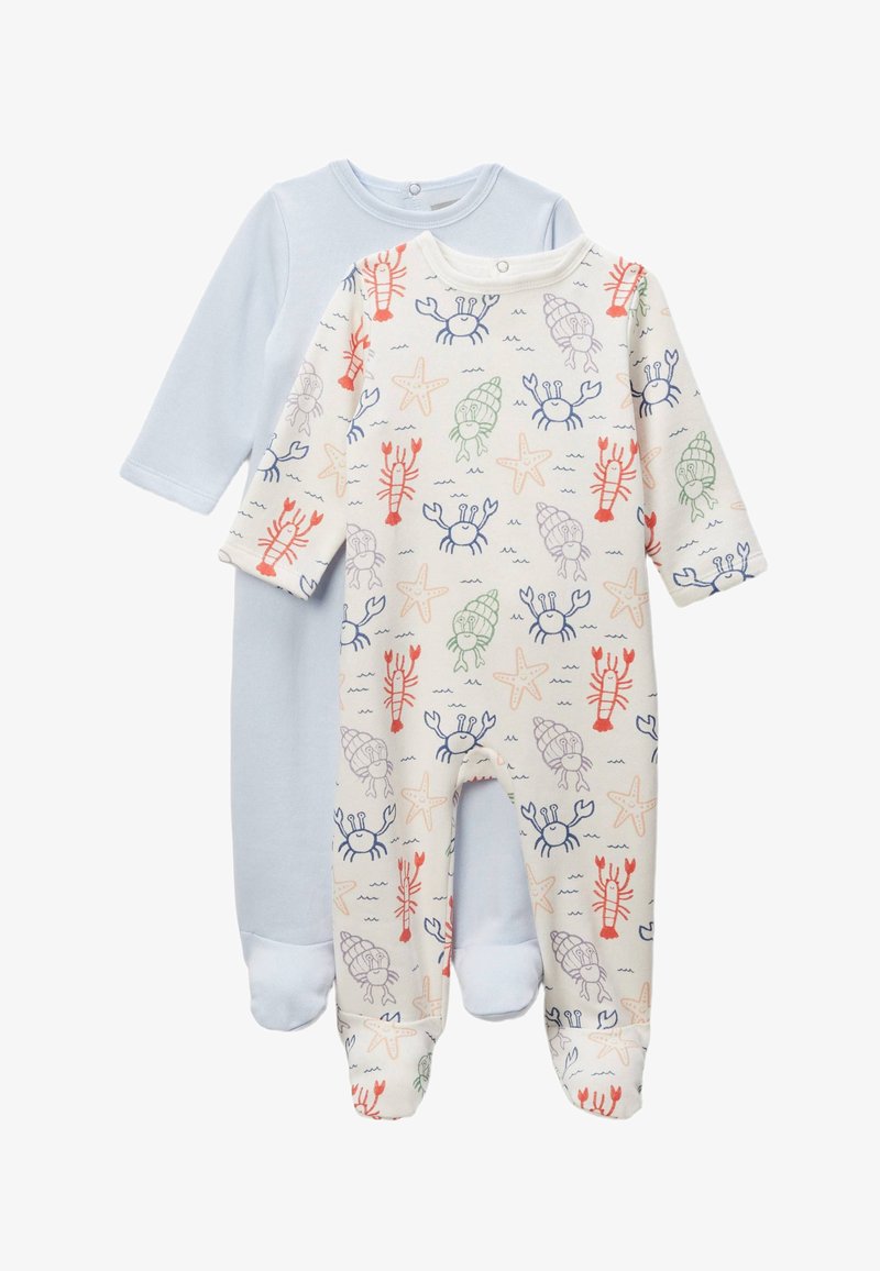 Deux grenouillères pour bébé : l'une bleue clair, l'autre crème avec des motifs colorés de homards et d'étoiles de mer. Les deux ont des manches longues et des jambes pieds.