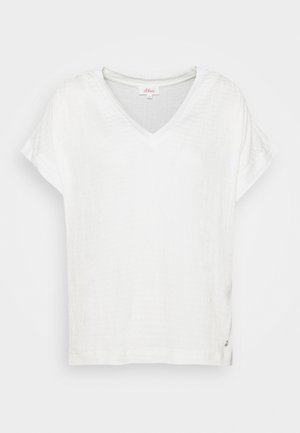 Wit V-hals T-shirt gemaakt van gestructureerde stof met korte mouwen. Heeft een iets losse pasvorm en een klein logodetail aan de zijnnaad.