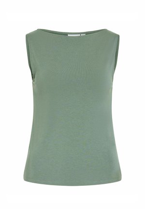 Bezrękawnik w jasnym zielonym kolorze z okrągłym dekoltem i prostym dołem, na białym, jednolitym tle.