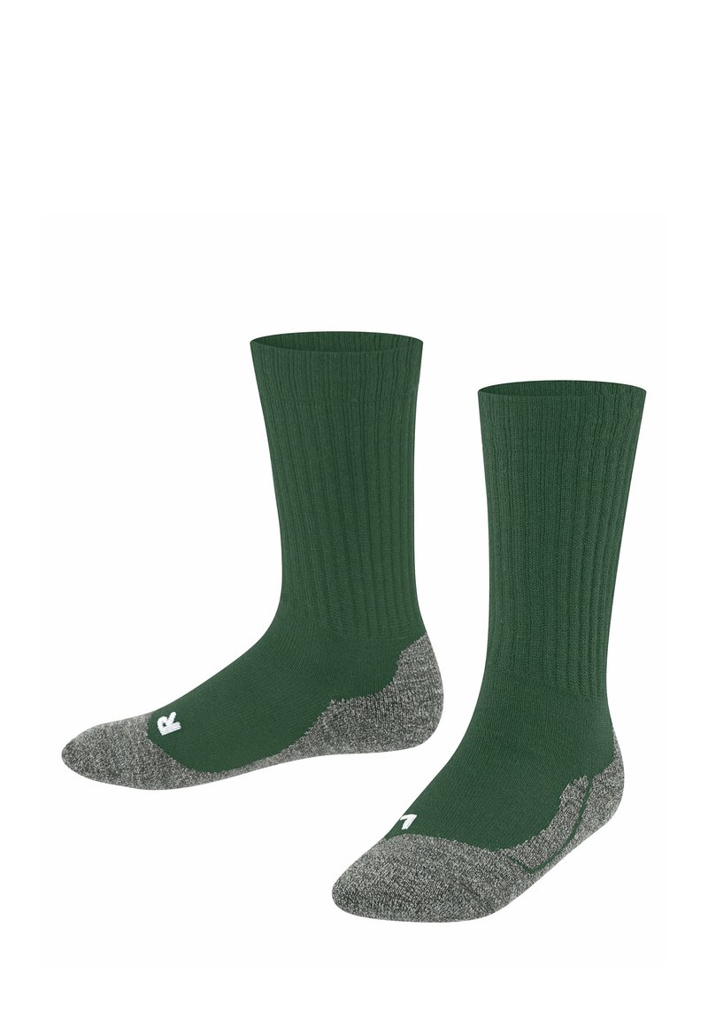 Zielone skarpetki w żebrowany wzór z szarymi palcami i piętami, eksponowane obok siebie na białym tle, pokazujące ich design i kolor.