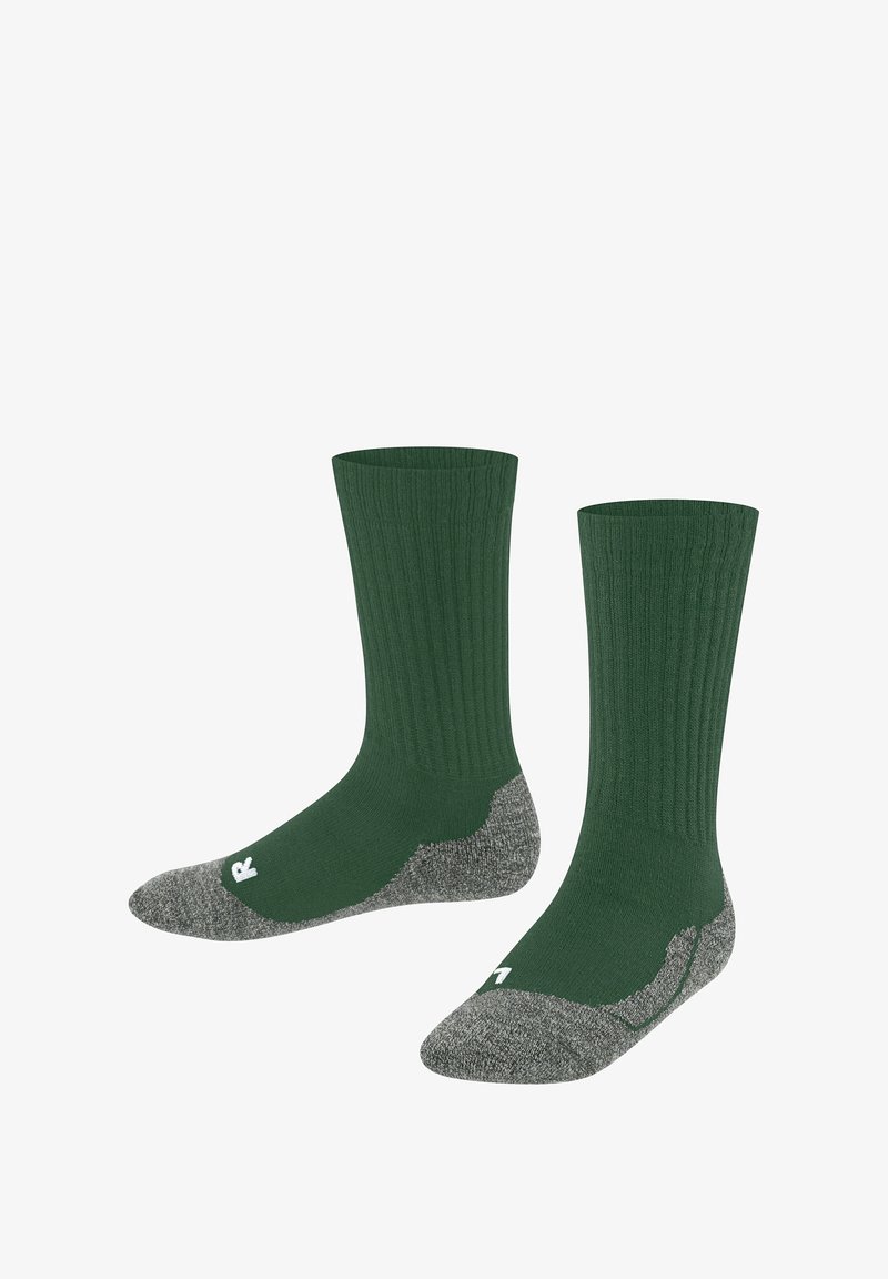 Grüne ribbelige Socken mit grauen Zehen und Fersen, nebeneinander auf einem weißen Hintergrund präsentiert, um ihr Design und ihre Farbe zu zeigen.