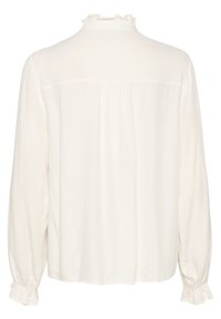 Blouse blanche à manches longues avec un col montant froncé et des poignets froncés, vue de dos sur un fond uni.