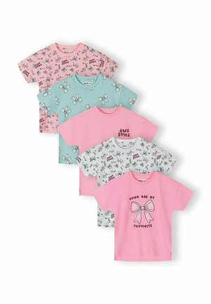 Pet majica kratkih rukava za djecu u ružičastoj, plavoj i bijeloj boji s uzorcima mašnica i frazama poput "Super" i "Mašnice su mi najdraže."