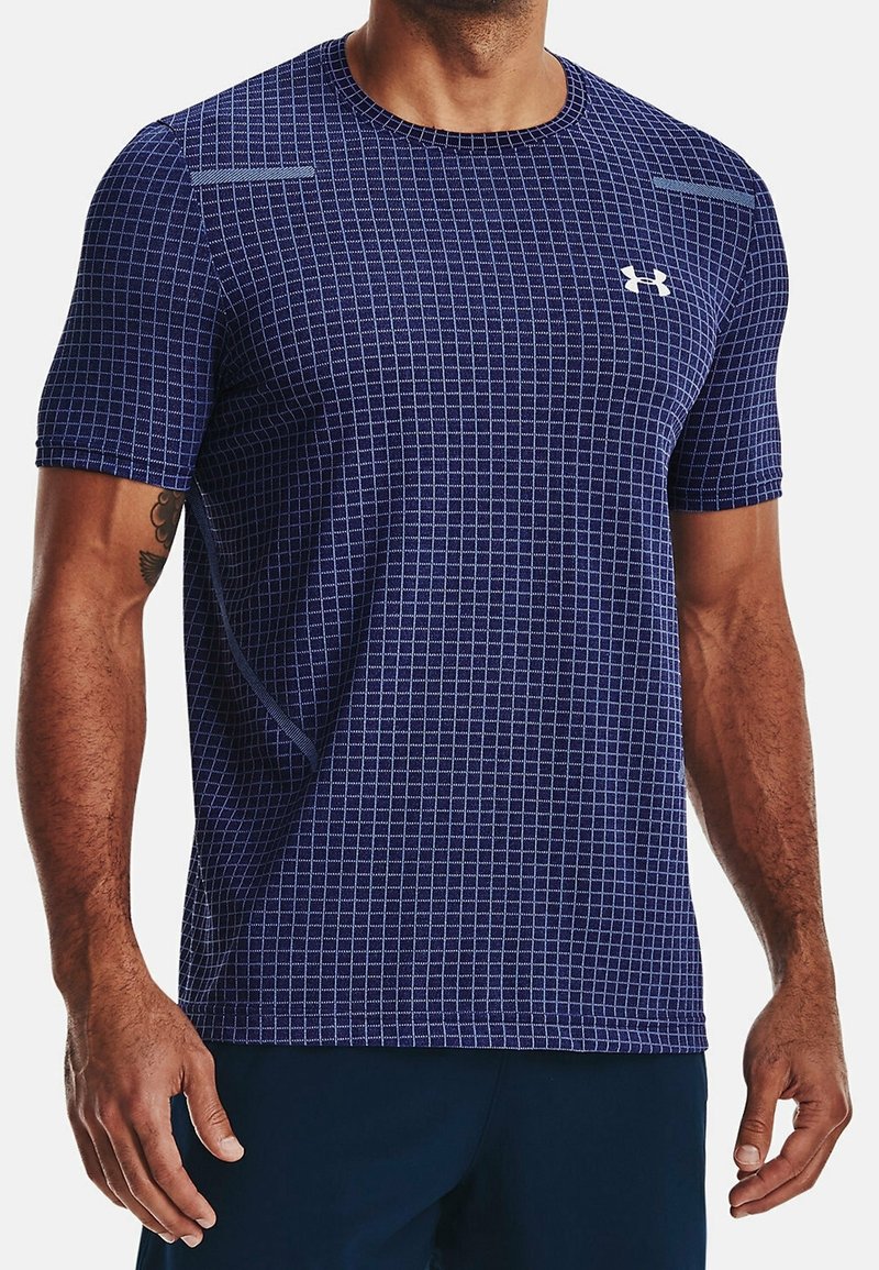 Navy blue short-sleeve athletic shirt with a grid pattern, made of breathable fabric. Features subtle shoulder detailing and a logo on the chest.