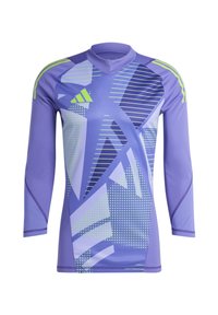 Paarse sporthemd met lange mouwen, versierd met geometrische patronen en strepen in lichtgroen en donkerblauw, gemaakt van ademende stof.