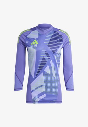 Maglietta sportiva a maniche lunghe di colore viola con motivi geometrici e strisce in verde chiaro e blu scuro, realizzata in tessuto traspirante.