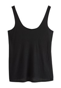 Sort ribstrikket tanktop med rund halsudskæring og tynde stropper. Lavet af blødt stof med lige kant og minimalistiske syningsdetaljer.