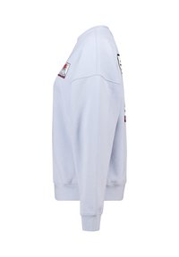 Lichtblauwe sweatshirt met lange mouwen, geribde manchetten en zoom. Bevat kleurrijke grafische patches aan de voorkant; zachte stoftextuur.