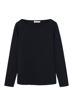 Marineblaues Langarmshirt aus weichem Stoff, mit weitem Ausschnitt und lockerem Schnitt. Einfaches Design ohne Muster oder Verzierungen.