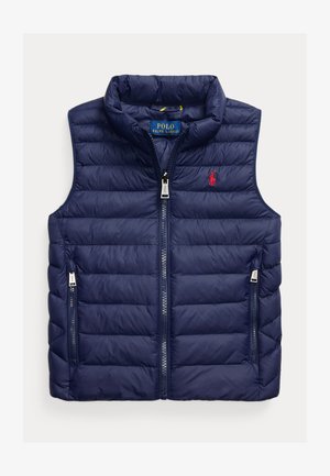 Navy blue puffer vest with quilted pattern, high collar, front zip closure, and embroidered logo on the chest. Features side zip pockets.