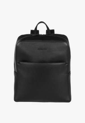 Schwarzer Leder-Rucksack mit Tragegriff oben, Frontreißverschlusstasche und doppeltem Reißverschluss, geprägt mit dem "bugatti" Logo.