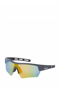 Sport sunglasses with a black plastic frame, large mirrored lenses featuring a gradient of yellow to blue, and ventilation cutouts on the arms.