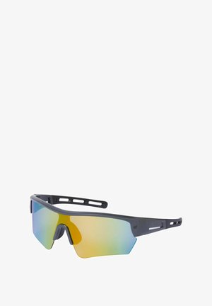 Sportsonnenbrille mit einem schwarzen Kunststoffrahmen, großen verspiegelten Gläsern, die einen Verlauf von Gelb zu Blau aufweisen, und Belüftungsschlitzen an den Bügeln.