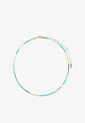 Beaded necklace featuring turquoise, silver, and white beads in varying sizes, with a gold clasp and adjustable chain detail.