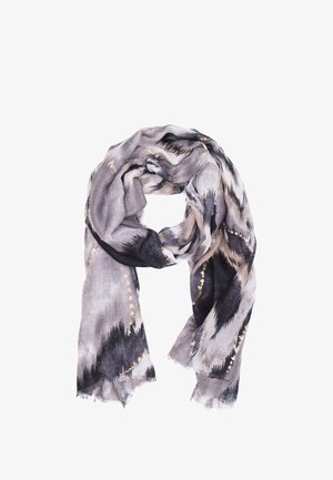 Sciarpa leggera in tonalità di grigio, nero e beige con un motivo ad acquerello e dettagli dorati. I bordi sfrangiati aggiungono texture.