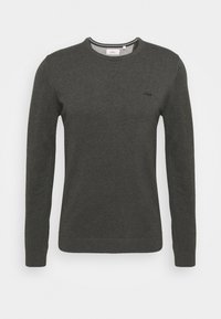 Pull en tricot gris foncé avec des manches longues, encolure ras du cou et détail de logo subtil sur la poitrine. Les poignets et l'ourlet côtelés apportent de la structure.