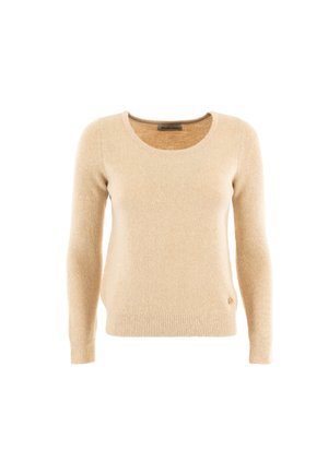 Suéter beige de manga larga con escote redondeado, textura suave y puños acanalados. Presenta un pequeño logotipo en el dobladillo.