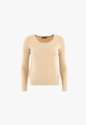 Suéter beige de manga larga con escote redondeado, textura suave y puños acanalados. Presenta un pequeño logotipo en el dobladillo.