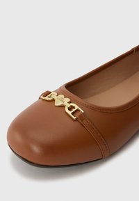 Brūns ādas plakanās kurpes ar noapaļotu purngalu, ar zelta sirds formas sprādzi, uz kuras ir iegravēts "Love Moschino", un smalkiem šuvuma detalizējumiem.