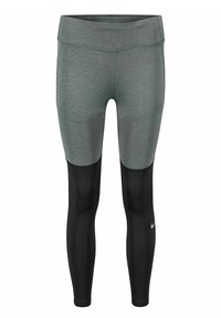 Leggings atletici grigi e neri con un design aderente, caratterizzati da una texture liscia e da un piccolo logo sulla gamba sinistra.