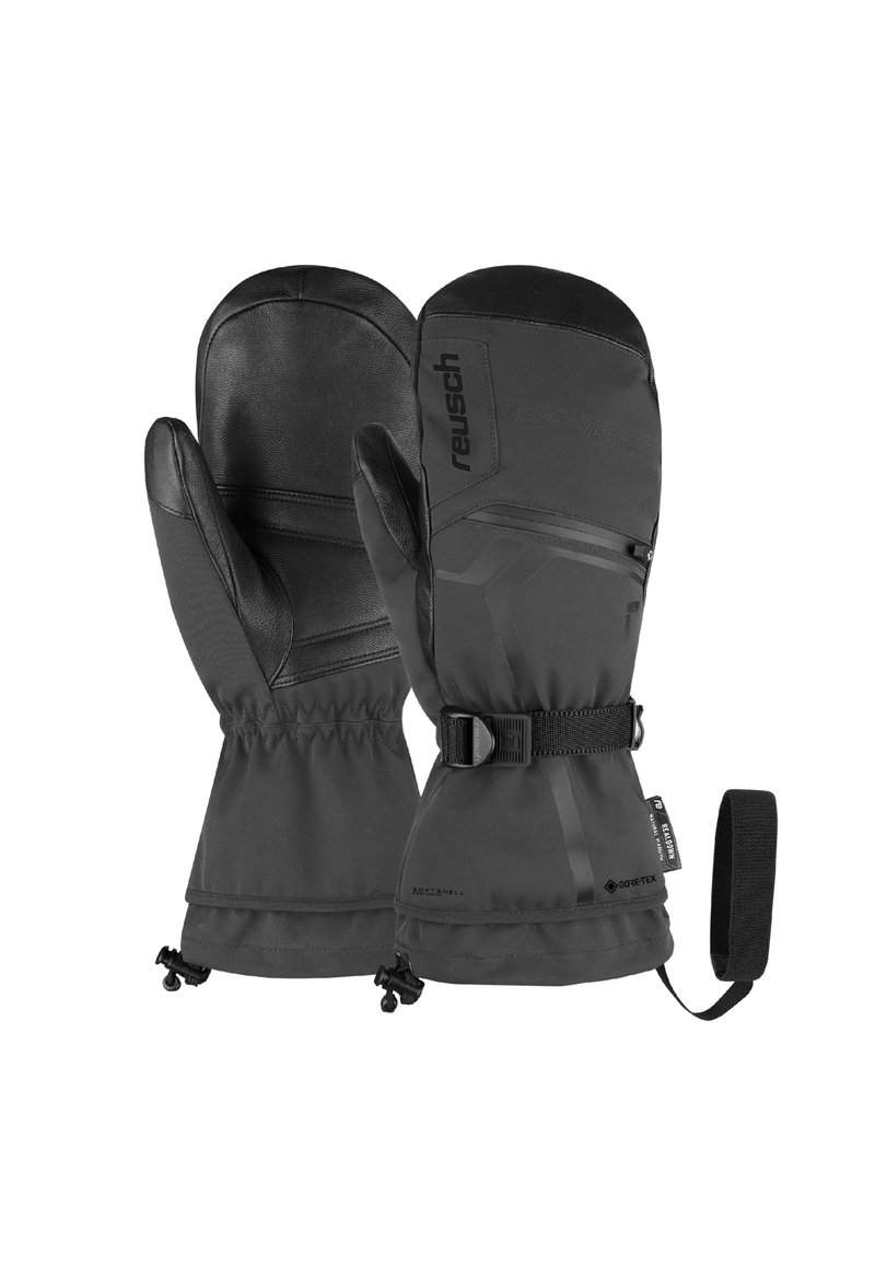 Schwarze Handschuhe mit einer Lederhandfläche, wasserdichtem Stoff, elastischen Bündchen, verstellbaren Riemen und einem Logo-Print. Geeignet für kalte Wetterbedingungen.