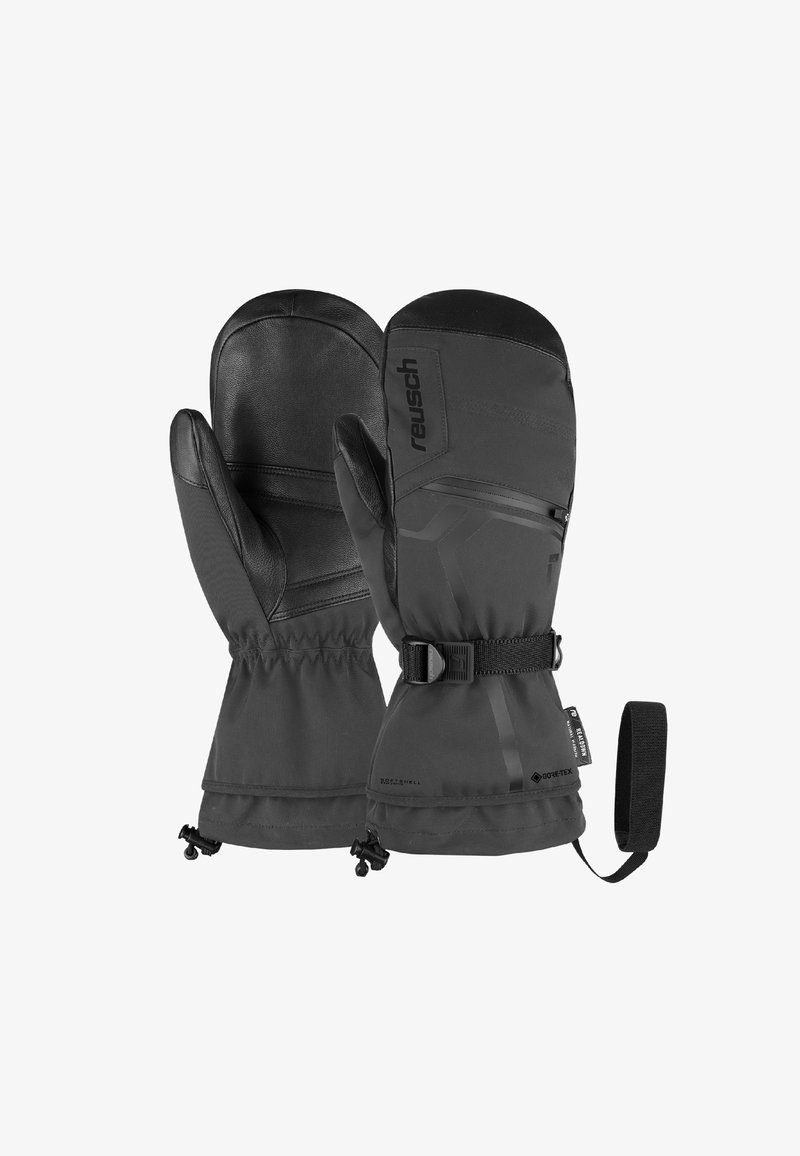 Schwarze Handschuhe mit einer Lederhandfläche, wasserdichtem Stoff, elastischen Bündchen, verstellbaren Riemen und einem Logo-Print. Geeignet für kalte Wetterbedingungen.
