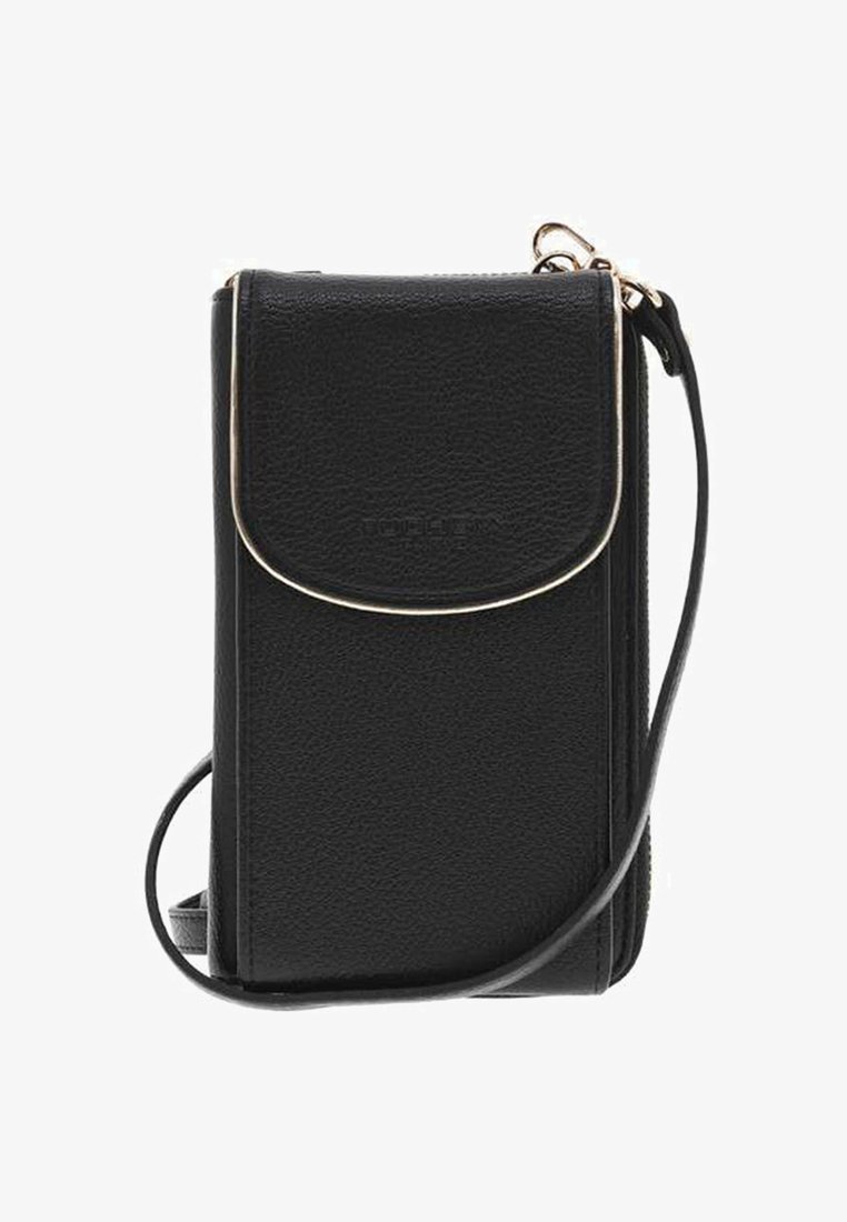 Porte-monnaie en cuir noir porté en bandoulière avec un rabat, quincaillerie dorée et une sangle amovible. Surface texturée avec un design compact.