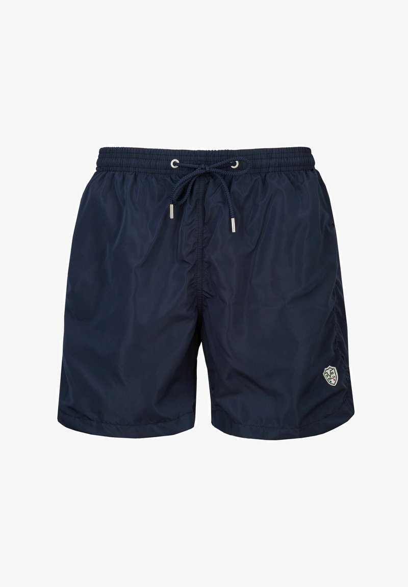 Marineblaue Schwimmshorts aus leichtem Material, mit elastischem Bund und Kordelzug sowie einem kleinen Logopatch am linken Bein.