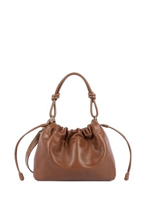 Sac à main en cuir marron avec haut froncé, poignées nouées et bandoulière réglable, présenté sur fond blanc.