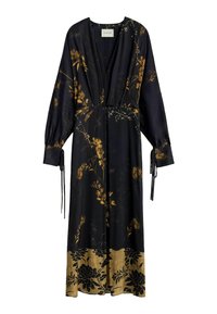 Vestito midi nero a maniche lunghe con scollo a V profondo, stampa floreale dorata, polsini con laccetti e bordo floreale beige sull'orlo.