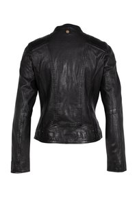 Schwarze Lederjacke mit tailliertem Design, gerippten Schulterakzenten und sichtbaren Nähten. Glatte Textur im minimalistischen Stil.