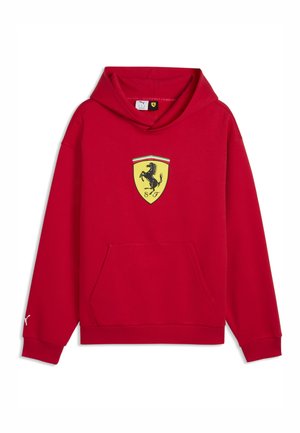 Roter Kapuzenpullover mit gelbem Ferrari-Logo mit einem schwarzen springenden Pferd auf der Brust und einer Fronttasche.