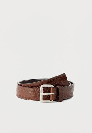 Brown faux crocodile leather belt with silver rectangular buckle, rolled and displayed on a plain white background.