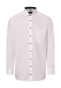 Weißes Langarmhemd mit Button-Down-Kragen, ausgestattet mit schwarzen Knöpfen und einer einzelnen Brusttasche. Der Innenkragen hat ein Blumenmuster.