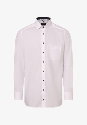 Weißes Langarmhemd mit Button-Down-Kragen, ausgestattet mit schwarzen Knöpfen und einer einzelnen Brusttasche. Der Innenkragen hat ein Blumenmuster.