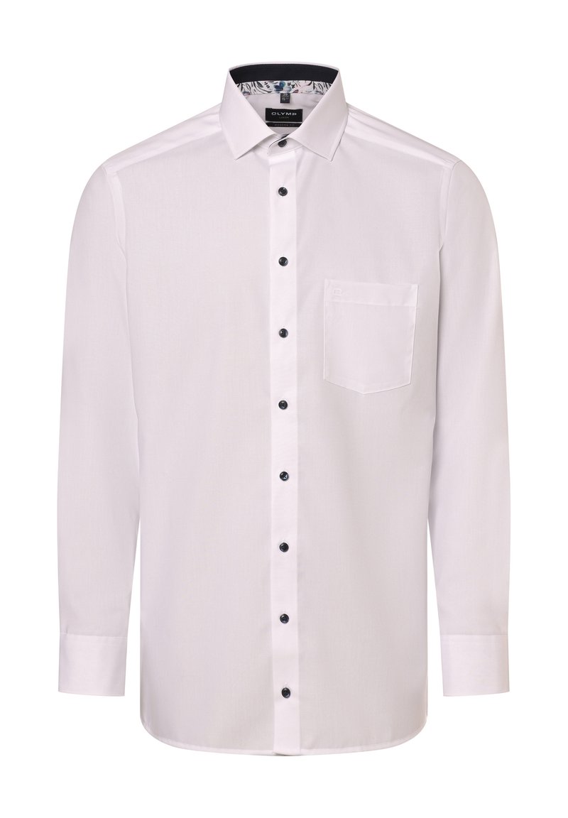 Weißes Langarmhemd mit Button-Down-Kragen, ausgestattet mit schwarzen Knöpfen und einer einzelnen Brusttasche. Der Innenkragen hat ein Blumenmuster.