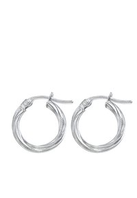 Boucles d'oreilles en argent en forme de créoles avec un design tordu, présentant une finition métallique brillante et un fermoir sécurisé pour un port confortable.