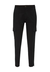 Zwarte cargo-broeken met een slim fit, voorzien van dubbele voorzakken, een ritssluiting en stikdetails. Gemaakt van een katoenmix.