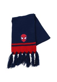 Navyblauwe gebreide sjaal met rode strepen, voorzien van een Spider-Man-logo. Afgewerkt met franjes aan de uiteinden voor textuur en detail.