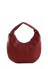 Sac hobo en cuir rouge avec une finition douce et texturée, une forme incurvée et une fermeture zippée sur le dessus. Accentué par une poignée lisse.