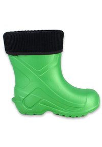 Groene rubberen laars met een zwarte corduroy rand, voorzien van een gladde textuur, ronde neus en een getextureerde zool voor grip.