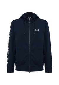 Felpa con zip navy in tessuto morbido. Presenta un cappuccio con cordino, tasche frontali e un logo bianco sul petto sinistro e sulla manica.