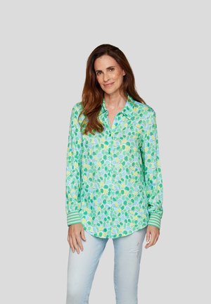 Long-sleeve shirt in green and blue patterns, featuring a button-up front and striped cuffs. Made of lightweight fabric.