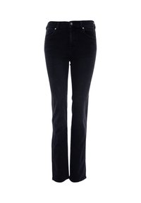 Schwarze Denim-Jeans mit Slim Fit, geraden Beinen, fünf Taschen und einem vorderen Knopfverschluss. Klassisches Design mit minimalem Detail.
